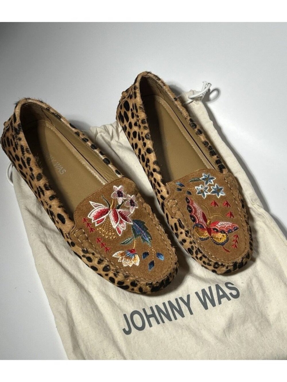 Johnny Was Leopard Calf Hair Embroidered Moccasins Women’s 8.5 M New